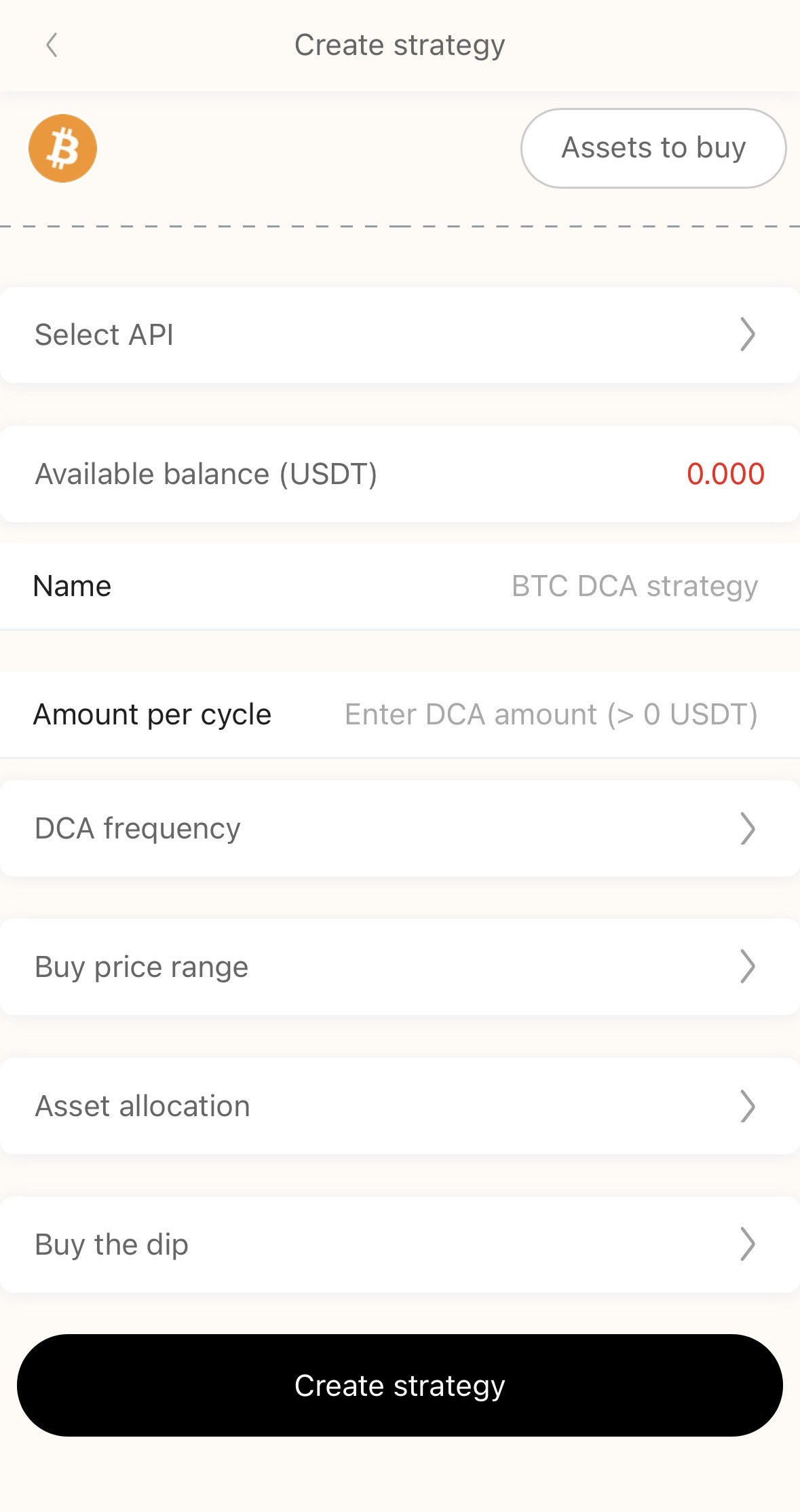 Bitpongo strategy Create screen