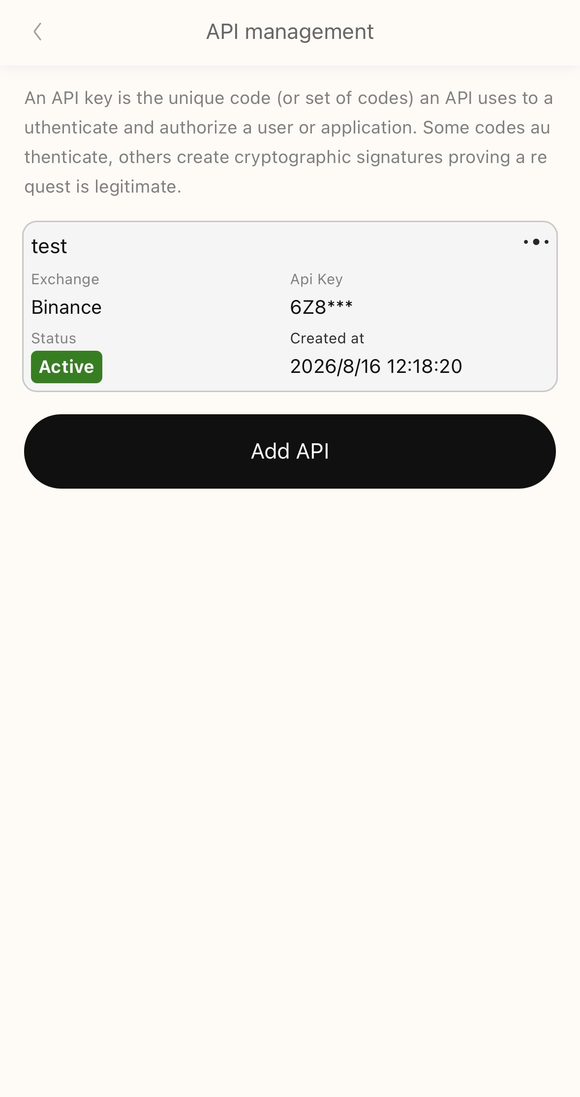 Bitpongo API management screen